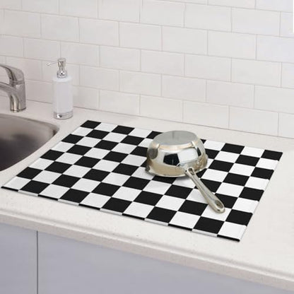 Black White Checkered Dish Drying Mat for Kitchen Counter, Coffee Bar Accessories, Retro Classic Plaid Pattern Absorbent Coffee Mat Kitchen Drying Mat Easy Clean 18" x 24" - color: Black White Race Checkered Flag Calibration Chess Grid