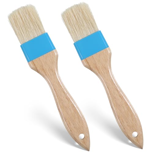 2 Pcs 1.5 Inch Natural Bristle Pastry Brush, Pastry Basting Brush Heat Resistant Wooden Handle Butter Brush, Basting Brush for Cooking, BBQ, Baking, Egg Wash, Oil, Blue