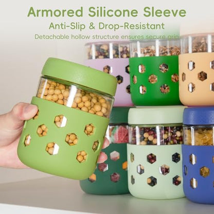 Gemice 6-Pack 16 oz Overnight Oats Containers with Lids and Silicone Sleeves, Glass Mason Jars with Airtight Lid, Dishwasher Safe, Wide Mouth Chia Seed Pudding Meal Prep Jar for Yogurt Berries Snack - color: Green, size: 16oz, 6-Pack