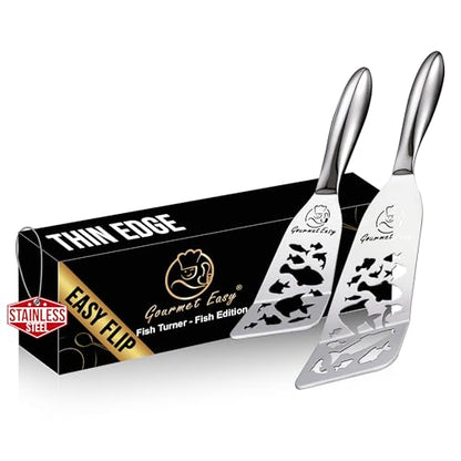 Gourmet Easy Fish Spatula Set, Ultra-Thin Edge Easy Flipping – Fish Edition | Stainless Steel, Kids Friendly, Ergonomic Non-Slip Grip for Secure Control, Versatile Use, Dishwasher Safe, 5-Year Warranty - color: Fish Edition