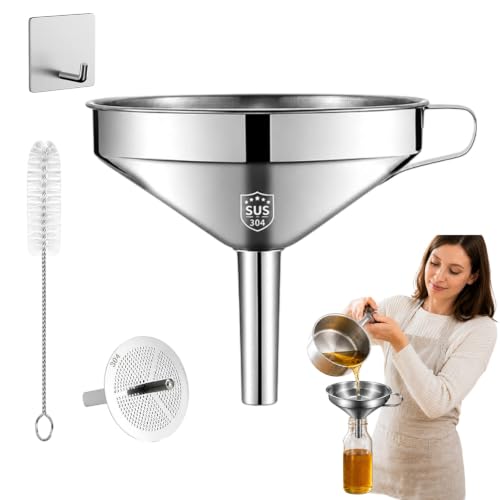 2026 New 304 Stainless Steel Funnel with Filter Mesh, Food-Grade 2-in-1 Metal Filter Funnel with Handle & Detachable Strainer for Filling Oil, Alcohol, Jam & Spices (3.94in) - color: 3.94in
