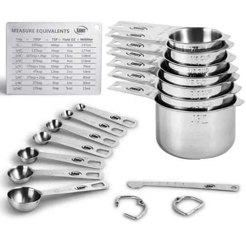Kaluns Stainless Steel Measuring Cups, Measuring Spoons,16 Piece Measuring Cups and Spoons Set Includes Leveler and Measurements Card, Heavy-duty, Heat and Rust Resistant