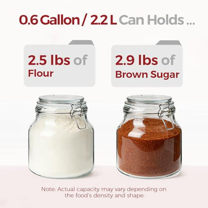 0.6 Gallon 2 Pack Wide Mouth Glass Jars with Airtight Lid – Includes 1 Cup & 0.5 Cup Measuring Scoops & Labels, Ideal for Flour, Sugar, Coffee, Cereal, Rice & Dry Goods | Thick Glass, BPA-Free