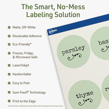 Avery Dissolvable Round Labels, Sure Feed Technology, 2.5" Diameter, Matte White, Print-to-The-Edge, Laser/Inkjet Printable, 45 Labels Total - style: 45 labels
