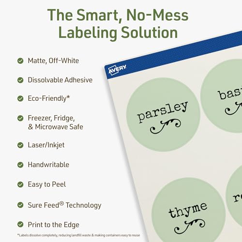 Avery Dissolvable Round Labels, Sure Feed Technology, 2.5" Diameter, Matte White, Print-to-The-Edge, Laser/Inkjet Printable, 225 Labels Total - style: 225 labels
