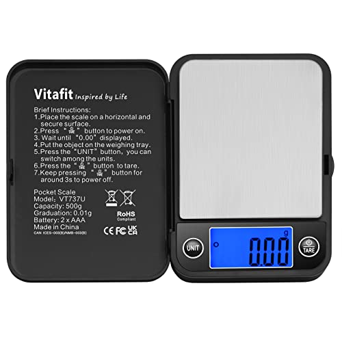 Vitafit 500g Digital Pocket Scale,High Accuracy Assured by Scale Professional Factory Since 2001, Gram Scale 0.01g for Multifunction: Lab,Food, Kitchen,Coffee,Jewelry; Black - color: Black, size: 4.3 x 3.2in