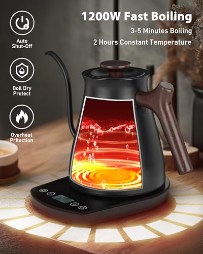 Harriet Gooseneck Electric Kettle - 1200W Fast Heat, 0.8L Stainless Steel, Precision Temp Control & Timer, Wood Handle, Pour Over Coffee and Tea, Black - color: Black