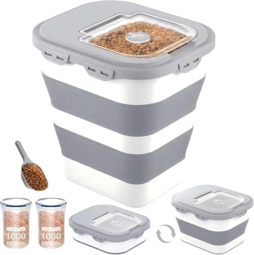 40 Lbs Dog Food Storage Container with Wheels, Collapsible Pet Food Storage Container with Clear Window, 2 Measuring Cups and Scoop, BPA Free Cat Food Container for Rice, Flour, Grain, Bird Seed - color: Grey/40lbs