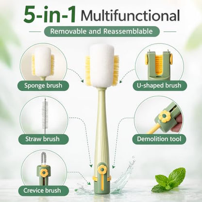 Bottle Cleaning Brush Set, 5-in-1 Multifunctional Bottle Brush with Straw Cleaner, Sponge Bottle Brush for Water Bottles, Tumblers, Cups, Lids and Narrow Neck Containers (Green) - color: Green