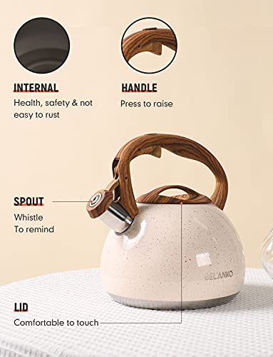 BELANKO 2.7 Quart Tea Kettle for Stovetops - Food Grade Stainless Steel Teapot with Loud Whistle, Cool-Touch Wood Pattern Handle, Rust-Resistant Whistling Kettle - Starry Cream - color: Starry Cream