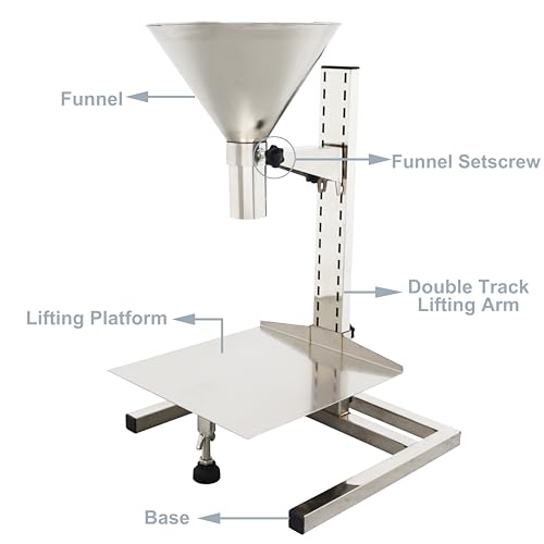 TECHTONGDA Stainless Steel Funnel Food Grade Kitchen Feeding Hopper with Support Stand and Lifting Platform for Powder, Paste, Liquid, Granule Manual Filling Package Bottom Diameter 2.3 Inch