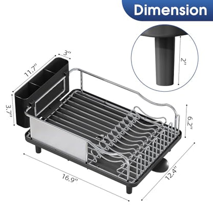 Urackify Stainless Steel Dish Drying Rack - Large Capacity Kitchen Counter Organizer with Drain Board, Utensil Holder & Detachable Cup Shelf, Surgical-Grade Rust-Proof Dish Drainer, Easy Assembly - color: Black