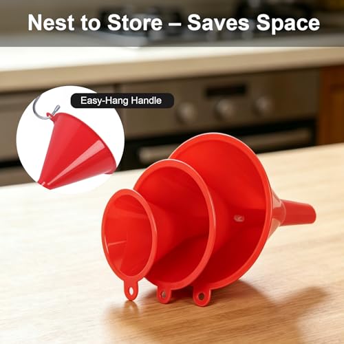 Plastic Kitchen Funnel Set of 3 with Brush – BPA Free Food Grade Funnels for Filling Canning Bottles Oil, Multifunctional for Cooking Lab Automotive, Red - color: Red