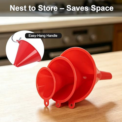 Plastic Kitchen Funnel Set of 3 with Brush – BPA Free Food Grade Funnels for Filling Canning Bottles Oil, Multifunctional for Cooking Lab Automotive, Red - color: Red