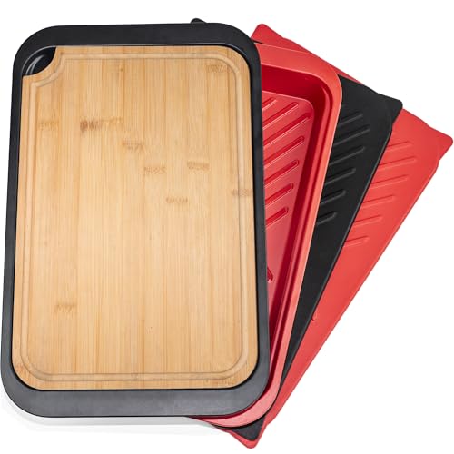 Czlizdyt Bamboo Grilling Prep and Serve Trays with lid, BBQ Tray for Marinating Raw and Cooked Food, Diswasher Safe Nesting Trays Black in Red - style: Bamboo Prep Trays with Lid