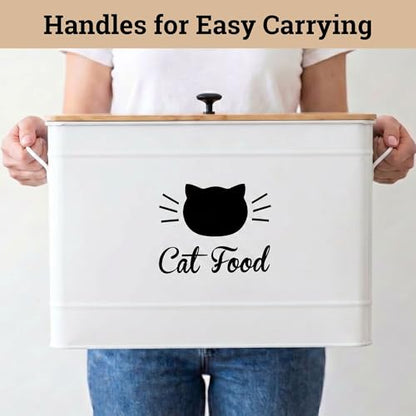 Cat Food Storage Container with Scoop - 15 lb (50 Cup) Capacity Metal Cat Food Container with Airtight Bamboo Lid & Metal Scoop - Airtight Pet Food Storage Containers - 15 lb Treats & Kibble Container - color: White
