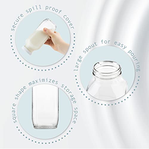 kitchentoolz 16oz Glass Milk Bottles with Lids – 16 oz Reusable Glass Bottles for Milk, Creamer, Juice, Smoothies, Kefir & Yogurt – Airtight Square Drinking Jars for Lunch Box & Fridge – 4 Pack - color: 16oz, style: 4 Pack