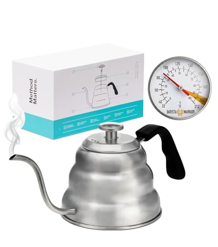 Barista Warrior Gooseneck Kettle with Thermometer - 1L Pour Over Coffee & Tea Kettle, 18/8 Stainless Steel Gooseneck Kettle Pot, Precision Pour Drip Spout, Suitable for All-Stoves (34 fl oz) - color: Stainless Steel (Silver), size: 1.0L