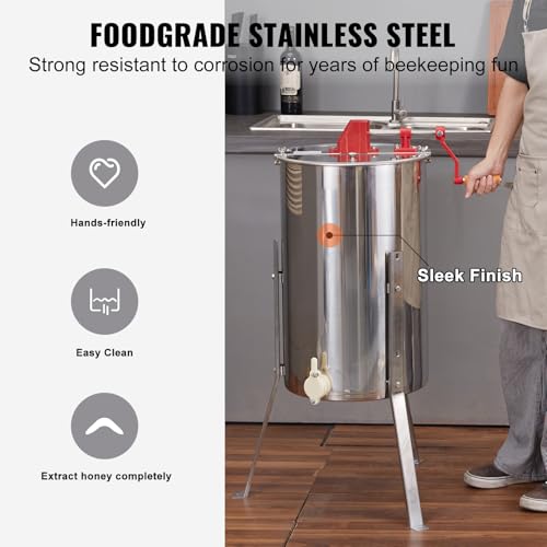 VEVOR Honey Extractor, 2/4 Frame Stainless Steel Manual Beekeeping Extraction, Honeycomb Drum Spinner with Transparent Lid, Apiary Centrifuge Equipment with Height Adjustable Stand, Silver - style: 4 Frame Rack(2 Deep Frames)