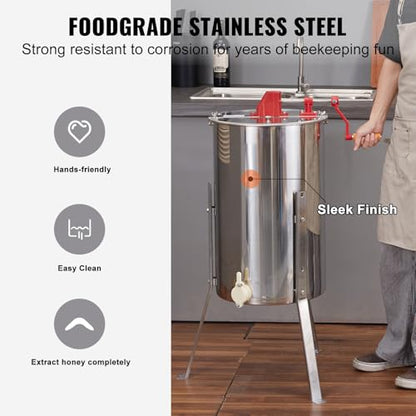 VEVOR Honey Extractor, 2/4 Frame Stainless Steel Manual Beekeeping Extraction, Honeycomb Drum Spinner with Transparent Lid, Apiary Centrifuge Equipment with Height Adjustable Stand, Silver - style: 4 Frame Rack(2 Deep Frames)