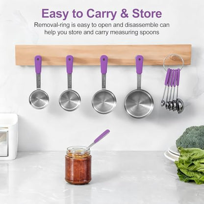Bopei Measuring Cups and Spoons Set Stainless Steel 10 Piece for Cooking and Baking (5 Cups + 5 Spoons, Purple Handle) - color: Purple
