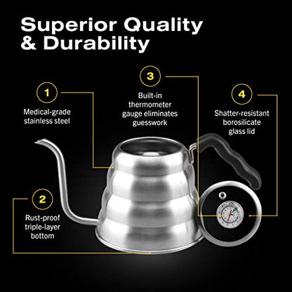 Bean Envy 푸어 오버 커피 주전자, 온도계와 인체 공학적 손잡이가 있는 작은 구즈넥 주전자, 푸어 오버 케틀 스테인리스 스틸 1.2L(40온스), 구즈넥 티 주전자 모든 상황에 사용 가능.