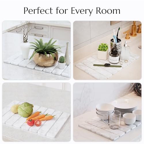 CHROME CLUB Stone Drying Mat for Kitchen Counter - Collapsible Diatomaceous Earth Dish Drying Stone - Fast Absorbent Stone Dish Drying Mat for Dishes and Pots (White Marble)