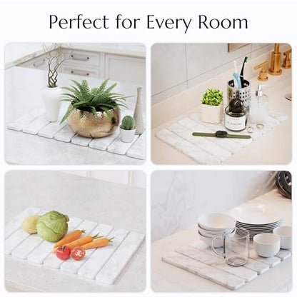 CHROME CLUB Stone Drying Mat for Kitchen Counter - Collapsible Diatomaceous Earth Dish Drying Stone - Fast Absorbent Stone Dish Drying Mat for Dishes and Pots (White Marble)