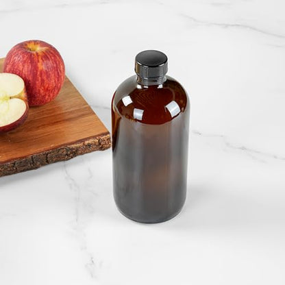 Restaurantware Vetri 16 Ounce Boston Glass Bottles, 12 Bottles With Black Phenolic Caps - Dishwashable, Round, Amber Glass Bottle, For Secondary Kombucha Fermentation, Homemade Essential Oils - color: Amber, size: 16 Ounces