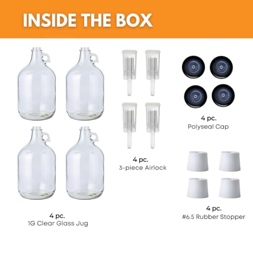 FastRack 4-Pack 1G Clear Glass Jugs with Polyseal Caps, 6.5G Rubber Bungs & 3-Piece Airlocks – Fermentation Jars for Home Brewing, Glass Fermenter Containers for Liquid Fermentation