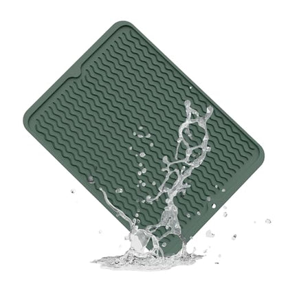 ZLR Silicone Dish Drying Mat for Kitchen Counter (12" x 16" / 307 x 405mm) - Large Fast-Dry Drainer Mat with Raised Wavy Ridges & 5mm Lip - Non-Slip, Heat Resistant 450°F, BPA-Free (Dark Green) - color: Dark Green, size: 16" x 12"