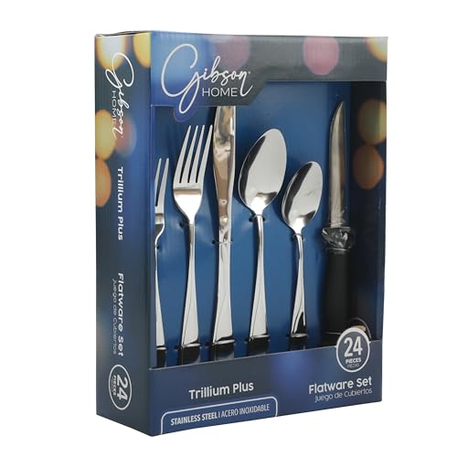 Gibson Home Trillium Plus 24-Piece Stainless Steel Flatware Utensil Set with Steak Knives – Silverware Service for 4 with Teardrop Handle Design - size: Service for 4 (24pcs)