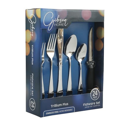 Gibson Home Trillium Plus 24-Piece Stainless Steel Flatware Utensil Set with Steak Knives – Silverware Service for 4 with Teardrop Handle Design - size: Service for 4 (24pcs)