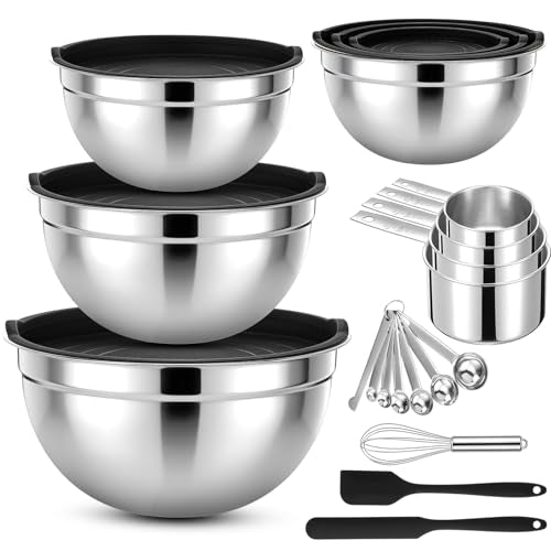 18 Pack Stainless Steel Mixing Bowls with Lids Set Includes Stainless Steel Measuring Cups and Spoons Wire Balloon Whisk Silicone Spatulas Suitable for Kitchen Cooking Baking(Black) - color: Black
