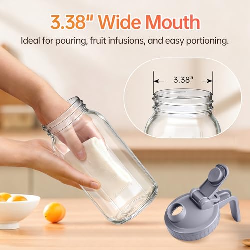 64oz Glass Pitcher with Lid & Spout – 2 Quart Mason Jars, Airtight & Leakproof Breastmilk Pitcher for Cold Brew Coffee, Sun Tea, Water, Juice – Wide Mouth, Fridge Safe - color: Gray, size: 64 Ounces
