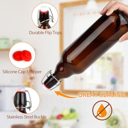 Amber Swing Top Glass Bottles 32 oz, 4 Pack Flip Top Bottles with Airtight Stopper for Home Brewing, Kombucha, Beer, Kefir, Beverages