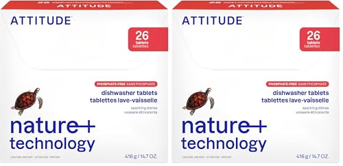 ATTITUDE Dishwasher Pods, Plant-Based & Vegan, Phosphate-Free Detergent Tablets, Naturally Derived, Unscented, 26 Count (Pack of 2) - size: 26 Count (Pack of 2)