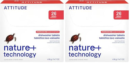 ATTITUDE Dishwasher Pods, Plant-Based & Vegan, Phosphate-Free Detergent Tablets, Naturally Derived, Unscented, 26 Count (Pack of 2) - size: 26 Count (Pack of 2)
