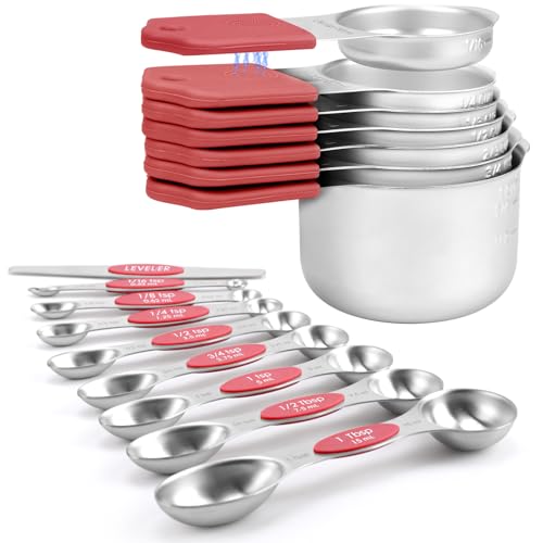 Magnetic Measuring Cups and Spoons Set-Heavy Duty 304 Stainless Steel，Double Measurement Markings，Set of 16 with Leveler for Measure Dry and Liquid Ingredients (Red) - color: Red