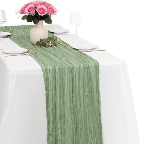 Sage Green Cheesecloth Table Runner -21*120Inch Long Boho Wedding Table Decor, Rustic Gauze Fabric Runner for Bridal Showers, Baby Showers & Parties (Sheer, Lightweight, Wrinkled Design) - color: Sage Green, size: 120*21-1pack