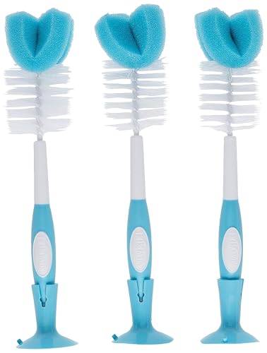 Dr. Brown's Reusable Sponge Baby Bottle Cleaning Brush Set with Suction Cup Stand, Scrubber and Nipple Cleaner, Blue 3-Pack - color: Blue Bottle Brush, size: 3-Pack