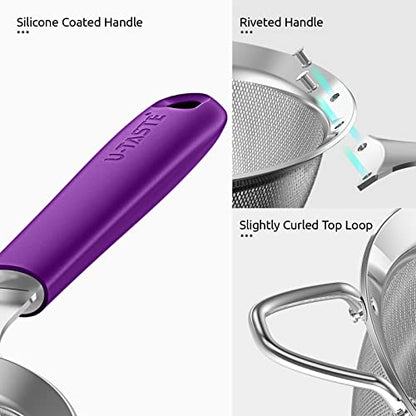 18/8 Stainless Steel Mesh Strainer: U-Taste 5.5 Inch Kitchen Fine Mesh Sieve Food Colander with Riveted Sturdy Silicone Handle and 30 Mesh Hole for Straining Flour, Pasta, Fruit, Quinoa (Purple) - color: (5) Purple, size: Medium (5.5 x 13 in)
