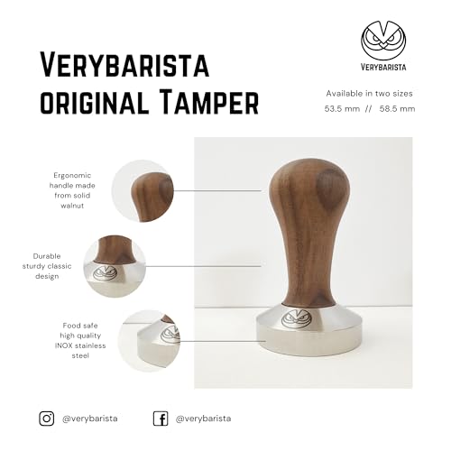 53.35mm Tamper designed to fit 54mm IMS Precision baskets. Wood handle and Food - Safe Stainless Steel base. Made in Italy