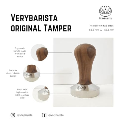 53.35mm Tamper designed to fit 54mm IMS Precision baskets. Wood handle and Food - Safe Stainless Steel base. Made in Italy