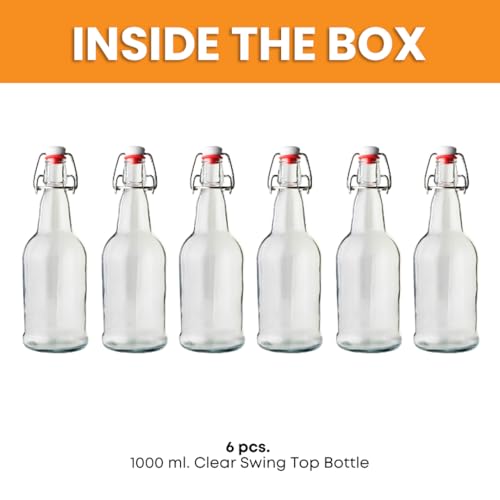 FastRack 33 oz Clear Swing Top Glass Bottles – 6 Pack | Flip Top Airtight Bottles (Not Olive Oil Style) | Reusable Bottles for Kombucha, Beer, Soda & Fermentation - color: Clear