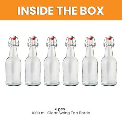 FastRack 33 oz Clear Swing Top Glass Bottles – 6 Pack | Flip Top Airtight Bottles (Not Olive Oil Style) | Reusable Bottles for Kombucha, Beer, Soda & Fermentation - color: Clear