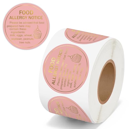 PANTIDE Food Allergy Notice Stickers - 500 Count Allergen Warning Label Gold Foil Adhesive Round Decal Roll, Food Alert Safety for Restaurant Home Kitchen Bakery Cake Shop (2 x 2 Inch, Pink) - color: Food Allergy Pink