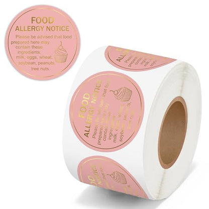 PANTIDE Food Allergy Notice Stickers - 500 Count Allergen Warning Label Gold Foil Adhesive Round Decal Roll, Food Alert Safety for Restaurant Home Kitchen Bakery Cake Shop (2 x 2 Inch, Pink) - color: Food Allergy Pink