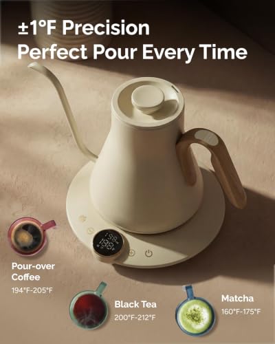 INTASTING Gooseneck Electric Kettle, ±1℉ Temperature Control, Stainless Steel Inner, Quick Heating, for Pour Over Coffee, Brew Tea, Boil Hot Water, 1500W/0.9L (Morandi White) - color: Morandi White