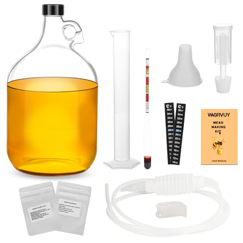 Mead Making Kit for Beginners - Complete Home Brewing Starter Set with Reusable Supplies, 1 Gallon Honey Wine Fermentation Jar with Yeast & Nutrients Airlock Stopper Hydrometer & Operation Guide - size: 1 Gallon Kit